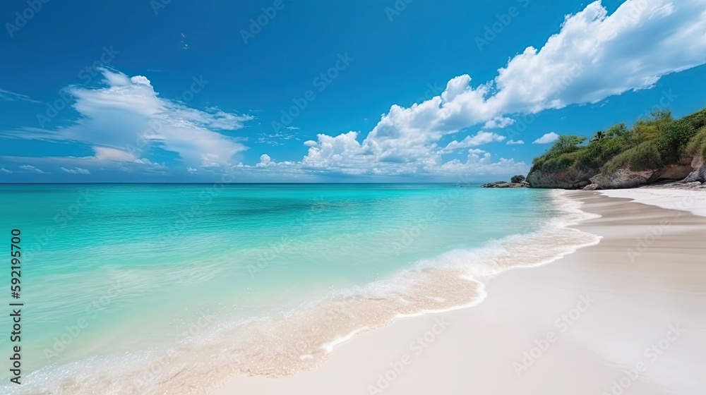 A beach with a blue ocean and white sand, blue sky, vacation, generative ai A beach with a blue ocean and white sand, blue sky, vacation, generative ai