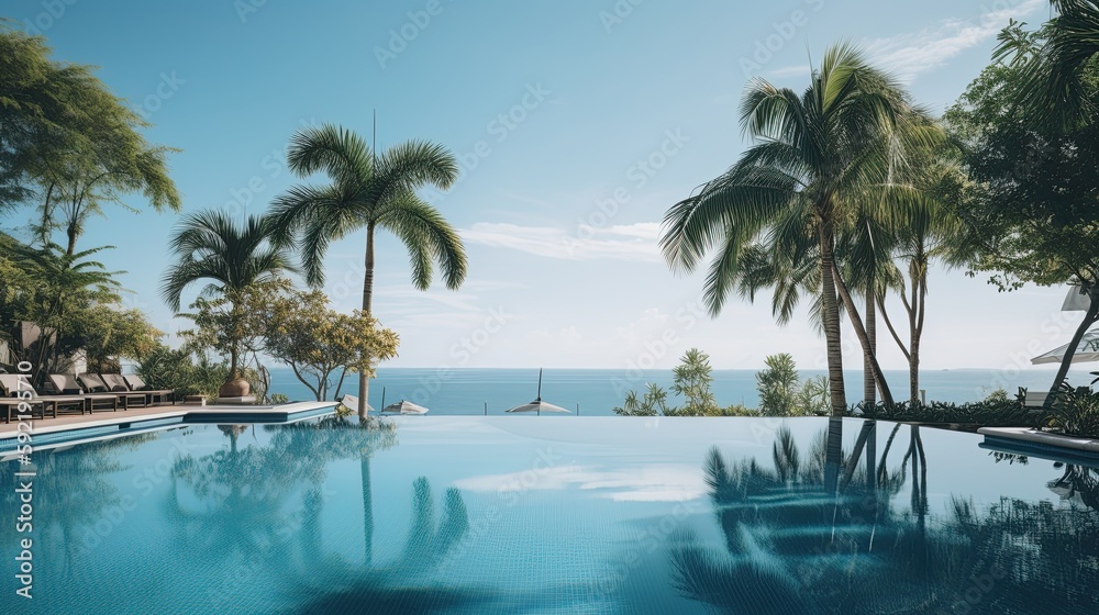 swimming pool with palm trees and a view of the ocean, summer vacation, generative ai