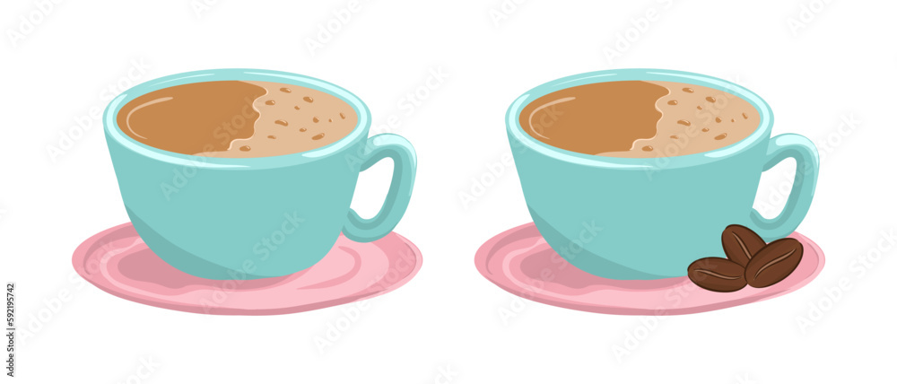 A vector set of two blue coffee cups with coffee beans. Vector illustration A vector set of two blue coffee cups with coffee beans. Vector illustration
