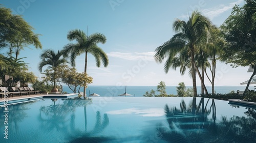 swimming pool with palm trees and a view of the ocean, summer vacation, generative ai © Anastasia Shkut