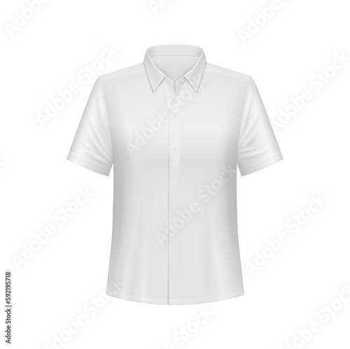 White men shirt or polo mockup, 3d vector male dress with short sleeves front view. Isolated vector classic sark mock up with fabric texture, collar and buttons. Apparel design for casual office wear photo