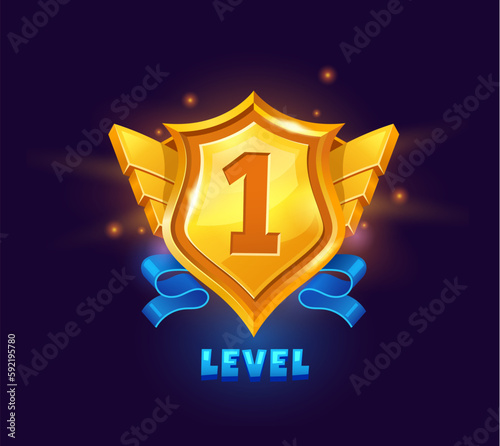 Game level up badge and win icon. Vector bonus rank reward emblem with number one in golden shield with wings and blue ribbon. Winner evaluation ui or gui app element, user interface rate achievement