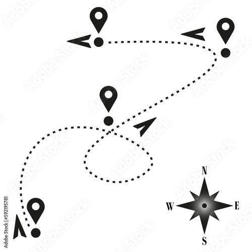 Path pin in doodle style. Travel route, wind rose. Vector illustration.