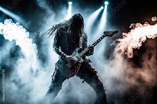 heavy metal guitarist, playing powerful solo in the smoke-filled club, created with generative ai photo