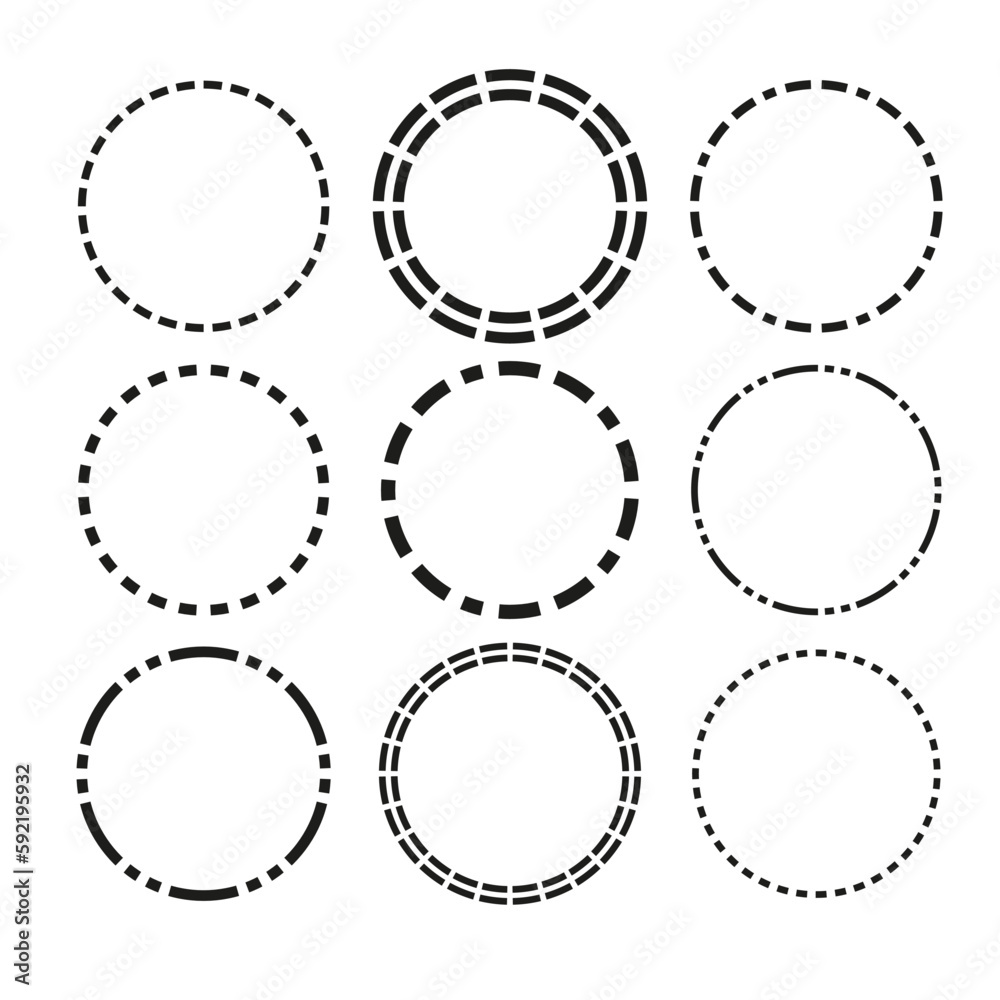 Radial, radiating, converging circular rings of dashed line circles. Periodic, infrequent bits, particles. Vector illustration.