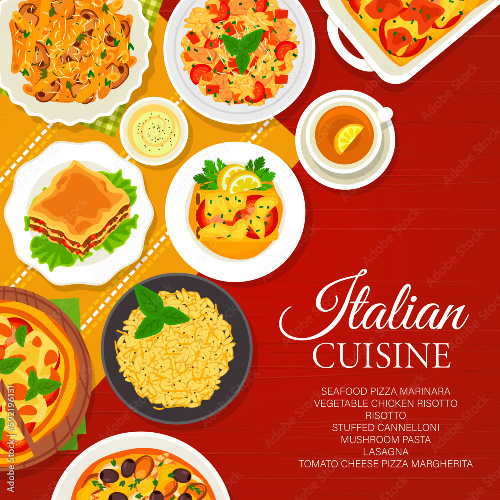 Italian cuisine menu cover, food dishes and meals with pasta, pizza and risotto, vector poster. Italian cuisine restaurant traditional Marinara and Margherita pizza, cannelloni pasta and lasagna