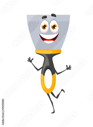 Cartoon putty knife tool character or spackle scraper, vector work instrument. Construction, plastering hand tool with funny smile and thumb up, putty knife spatula personage