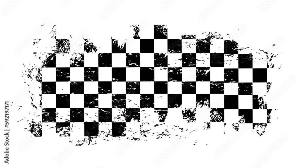 Grunge race flag of vector motocross and rally motor sport. Car, motorcycle or auto racing start and finish flag with monochrome checkered pattern, black and white squares, scratches and dirty spots - obrazy, fototapety, plakaty 