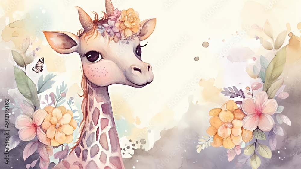 Fototapeta watercolor style illustration of happy baby giraffe in flower blossom garden, idea for home wall decor, kid room, Generative Ai #592197182