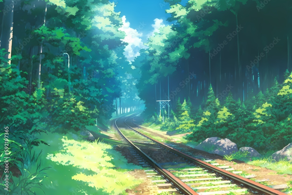 Train track in the forest with the ocean in the background. Anime Style ...