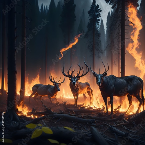 Burning Forest with escaping Animals