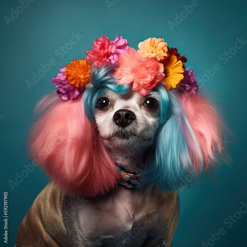 Cool dog with colorful wig and flowers on a colored background. Generative AI