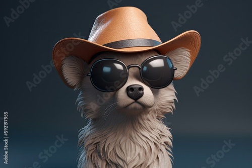 Funny cool dog wearing sunglasses and hat looking at camera. Generative AI