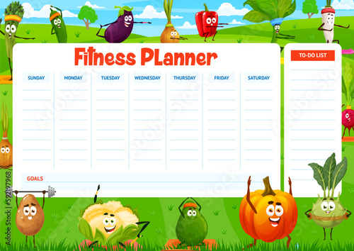 Fitness weekly planner schedule, cartoon vegetables on meadow, agenda calendar. Vector cauliflower, eggplant, asparagus and potato, cucumber, onion, bell pepper and spinach or pumpkin workout on field