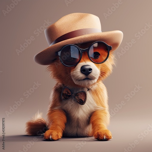 Funny cool dog wearing sunglasses and hat looking at camera. Generative AI