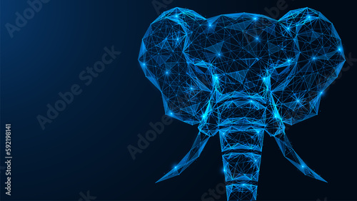Futuristic elephant head. Low-poly design of interconnected lines and dots. Blue background.