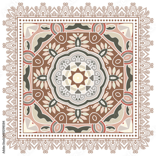Decorative doodle ornament, symmetric pattern with lace frame. Tribal ethnic mandala decor. Bandana shawl, hijab, tablecloth fabric print, silk neck scarf, kerchief design. Colorful vector background