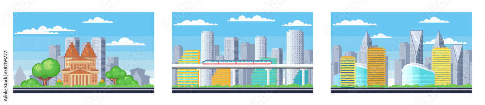 Pixel art landscape. Urban street view, 8 bit city park road, with background buildings and apartments in pixel art, pixel cityscape. Pixelated scene, pixelation gaming playing level, 8 bit city