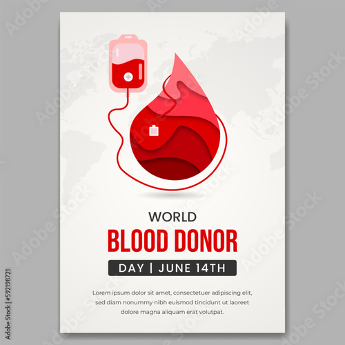 World blood donor day June 14th with blood bag and blood drop illustration poster design