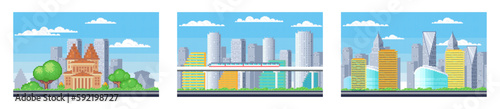 Pixel art landscape. Urban street view, 8 bit city park road, with background buildings and apartments in pixel art, pixel cityscape. Pixelated scene, pixelation gaming playing level, 8 bit city