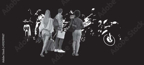 Digital illustration of motorcycle taxi base and prospective passengers. (Ojeg is an Indonesian term for an informal public transportation mode of two-wheeled motorbikes with short-distance routes)