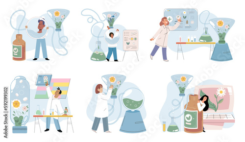 Herbal oils natural medicines. Scientist or doctor making alternative medicine herb, mortar, laboratory glassware plant in tube, flower. Doctor checking medicinal herbs. Herbal medicine. Drug research