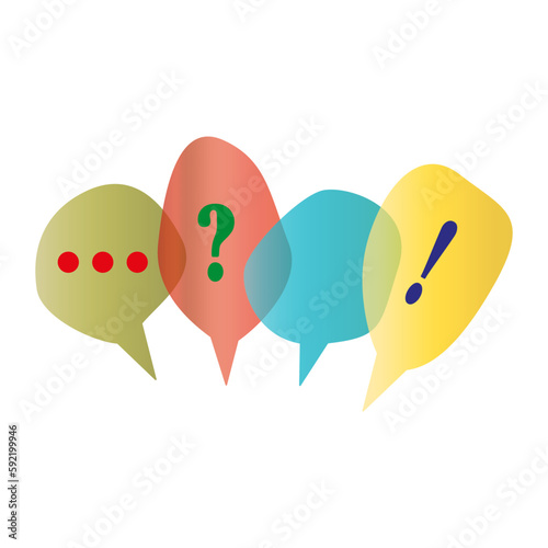 Speech bubbles. Question mark icon. Message window. FAQ. Bright, colorful elements. Submit a request. Vector illustration.