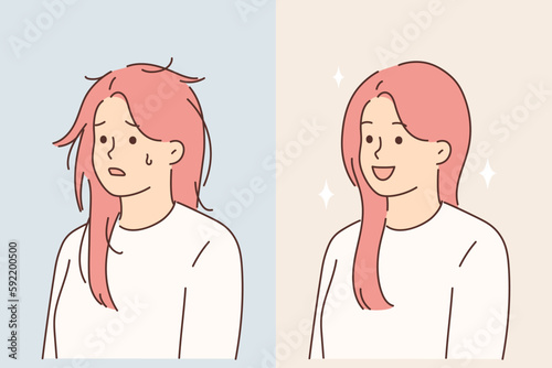 Woman before and after using quality cosmetic hair shampoo or going to hairdresser