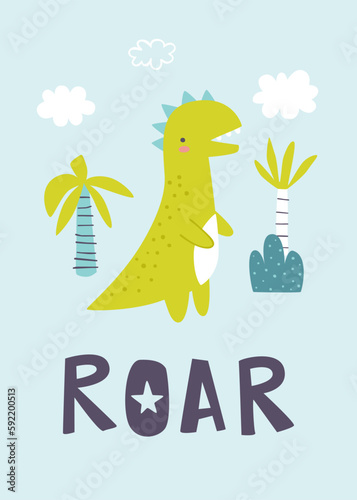 Cute roaring dino print with text. Poster with abstract doodle dinosaur and plants. Scandinavian print with naive dino and lettering.