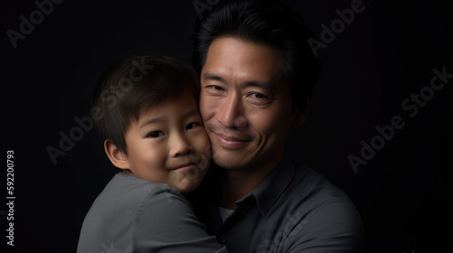 Happy Asian dad and boy in studio shot.
