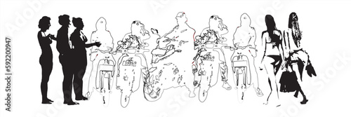 Digital illustration of ojeg base and prospective tourist passengers in Bali. (Ojeg is an Indonesian term for informal public transportation, motorbikes with short-distance routes)