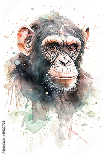 Watercolor Chimpanzee On Only White Background Minimalist Color Splash And Dripping  Generative Ai Digital Illustration Part 130423 © Cool Patterns