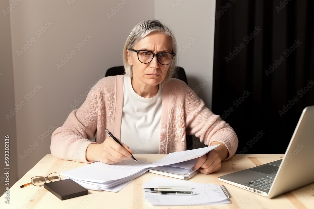 Middle-Aged Female Accountant in Eyewear: Remote Work for Outsourced Bookkeeping Services, Engaged in Financial Calculations and Paperwork. Generative AI Middle-Aged Female Accountant in Eyewear: Remote Work for Outsourced Bookkeeping Services, Engaged in Financial Calculations and Paperwork. Generative AI