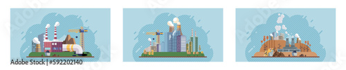 Toxic waste from human set. Industries create pollution and cities affected by pollution. Climate change cycle dried or dry cracked land suffering from drought. Weather global greenhouse warming risks