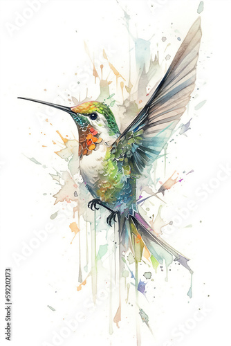 Watercolor Hummingbird On Only White Background Minimalist Color Splash And Dripping  Generative Ai Digital Illustration Part 130423