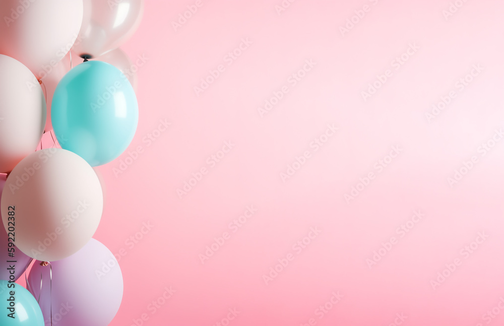 Soft pastel balloons create a gentle and inviting atmosphere against a pink background, ideal for baby showers or springtime events.