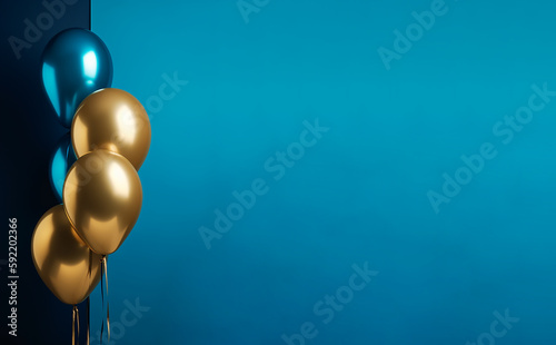 A side view of elegant gold balloons with a single blue one against a blue backdrop, ideal for sophisticated events or corporate functions.
