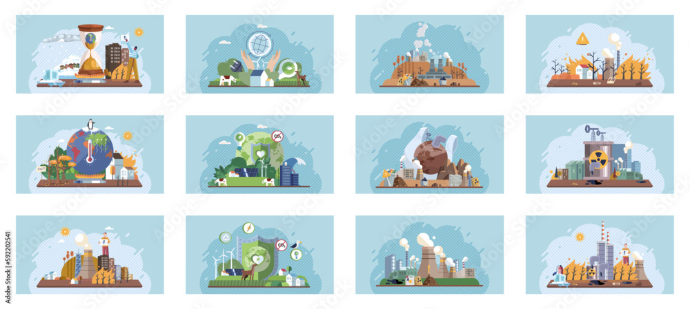 Fototapeta premium Saving the planet, World Environment Day. Planet Earth in smoke, plastic, garbage. Global warming set. Greenhouse effect of CO2. Eco activist. Ecological catastrophy. Earth with reasons of destroying