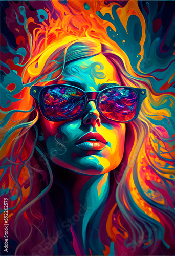 Portrait of a woman with colored rays and sunglasses