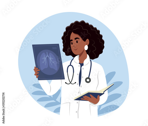 Smiling female black woman doctor holds x-ray of lungs in hand to prevent asthma. World Asthma Day.Bronchial Asthma. Allergy, asthmatic. Inhalation drug. Bronchial asthma.