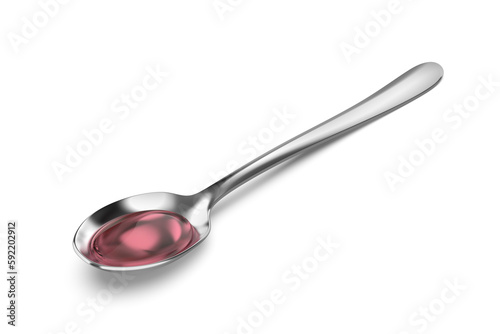 Pink cough syrup in silver spoon on white background photo