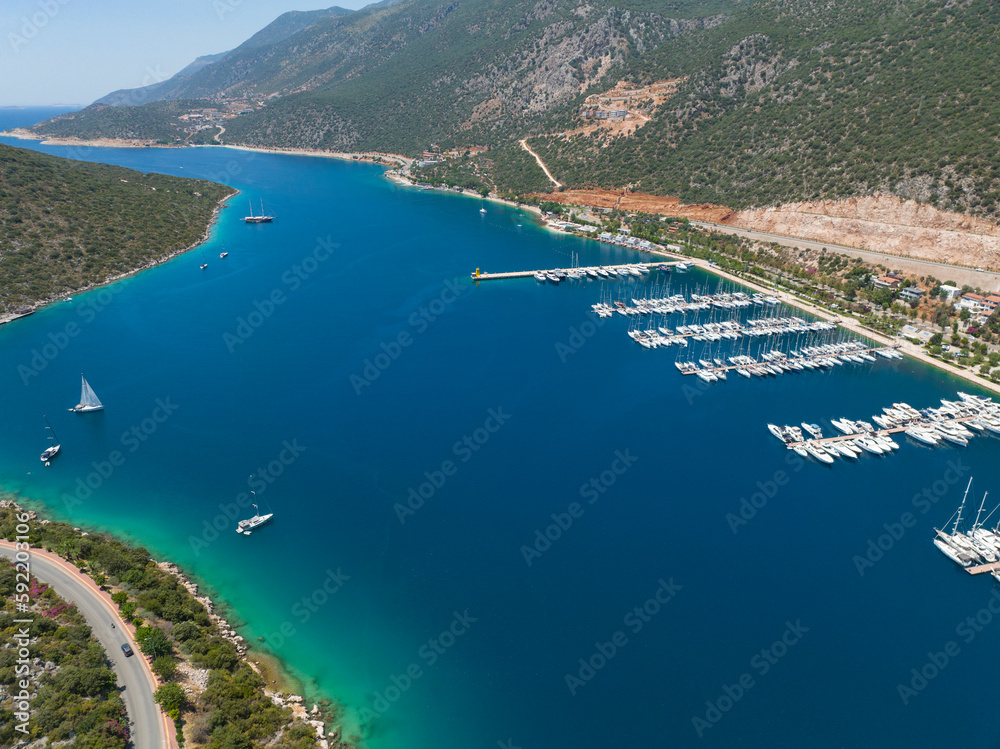 Fototapeta premium Summer Season in the Kas Beach and Marina Drone Photo, Kalkan Kas, Antalya Turkiye