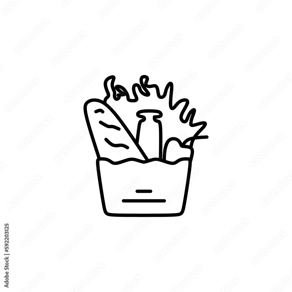Groceries Outline Icon. Full basket of food, grocery shopping icon, special offer. Sign Symbol vector illustration in trendy flat style. Editable graphic resources for many purposes. Groceries Outline Icon. Full basket of food, grocery shopping icon, special offer. Sign Symbol vector illustration in trendy flat style. Editable graphic resources for many purposes.