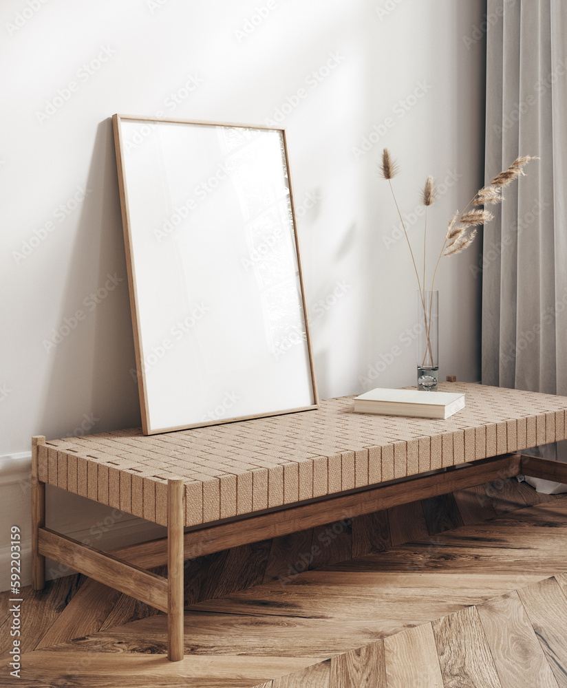 Mock up poster frame in modern beige home interior, Scandinavian style, 3d render Mock up poster frame in modern beige home interior, Scandinavian style, 3d render