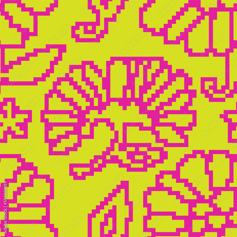 Pixelated floral decoration, blooming flowers Pixelated floral decoration, blooming flowers