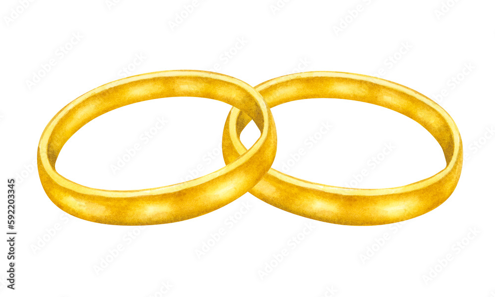 Gold couple wedding rings clipart. Watercolor hand drawn illustrations of jewelry. Individual illustration on a white background. Gold couple wedding rings clipart. Watercolor hand drawn illustrations of jewelry. Individual illustration on a white background.