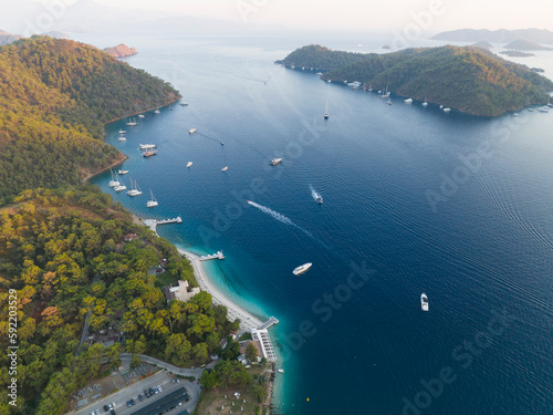 Fototapeta Naklejka Na Ścianę i Meble -  Summer Season in the Gocek Islands Beachs Drone Photo, Gocek Mugla, Turkiye