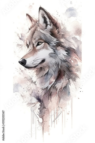 Watercolor Wolf On Only White Background Minimalist Color Splash And Dripping Generative Ai Digital Illustration Part#130423