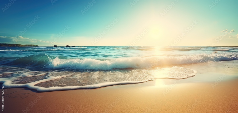 close up white foam waves crashing on fine sand beach, tropical island atmosphere, sun flare,  Generative Ai