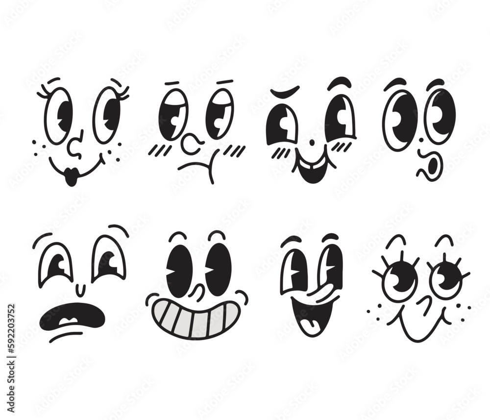 Hand drawn set with cute faces in vintage style, line doodle design. Isolated vector illustration
